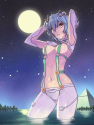 Rule 34 | 00s, 1girl, adapted costume, armpits, arms behind back, arms up, ayanami rei, blue hair, blush, bodysuit, bra, bracer, breasts, contrapposto, covered navel, cowboy shot, evangelion: 2.0 you can (not) advance, from side, full moon, hair between eyes, hair ornament, hairpods, hip focus, interface headset, looking at viewer, moon, moonlight, multicolored eyes, navel, neon genesis evangelion, night, night sky, outdoors, parted lips, pilot suit, plugsuit, pyramid (structure), rebuild of evangelion, red eyes, reflection, see-through, see-through bodysuit, short hair, skin tight, sky, small breasts, solo, standing, star (sky), starry sky, test plugsuit, tree, underwear, wading, water, wet, wet clothes, wet hair, yellow eyes, yuksi