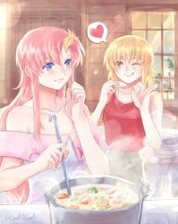 Rule 34 | 2girls, ;q, blonde hair, blue eyes, blush, brown eyes, brown pants, cagalli yula athha, collarbone, cooking, dress, grin, gundam, gundam seed, heart, holding, indoors, jewelry, lacus clyne, lens flare, long hair, multiple girls, necklace, off-shoulder dress, off shoulder, one eye closed, pants, pink hair, red shirt, shirt, short hair, sleeveless, sleeveless dress, sleeveless shirt, smile, speech bubble, standing, tongue, tongue out, twitter username, very long hair, white dress, yuuka seisen