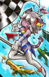 Rule 34 | 1girl, animal ears, blurry, blurry background, blush, bow, breasts, cat ears, cat tail, checkered flag, closed mouth, cloud, dakusuta, earrings, elbow gloves, elh melizee, facial mark, flag, footwear bow, furry, furry female, gloves, hair between eyes, highres, holding, holding flag, jewelry, jumping, little tail bronx, neck ribbon, race queen, ribbon, shoes, short hair, silver hair, sky, small breasts, solatorobo, solo, tail, thighhighs, white gloves, white thighhighs, yellow eyes, zettai ryouiki