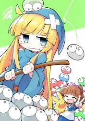 Rule 34 | 2girls, absurdres, arle nadja, asameshi, bandaid, bandaid on head, blonde hair, blue dress, blue eyes, blue headwear, blunt bangs, blush, blush stickers, brown hair, carbuncle (puyopuyo), closed eyes, compile, dress, green background, highres, holding, long hair, long sleeves, multiple girls, on head, open mouth, ponytail, puyo (puyopuyo), puyopuyo, shirt, simple background, smile, squiggle, tearing up, upper body, v, wavy mouth, white background, white shirt, wide sleeves, witch (puyopuyo)