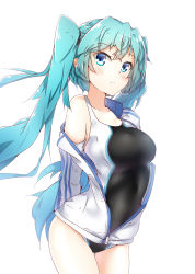 Rule 34 | 1girl, absurdres, aqua eyes, aqua hair, arms behind back, black one-piece swimsuit, blush, breasts, closed mouth, collarbone, competition swimsuit, cowboy shot, floating hair, hair between eyes, halkawa501, hatsune miku, highres, jacket, long hair, medium breasts, off shoulder, one-piece swimsuit, open clothes, open jacket, simple background, solo, standing, swimsuit, thigh gap, twintails, very long hair, vocaloid, white background, white jacket