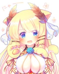 Rule 34 | 1girl, :d, animal ears, animal hands, azur lane, blonde hair, blue eyes, blush, breast suppress, breasts, cat ears, cat tail, cleavage, commentary, fang, flower ornament, gloves, hair ornament, large breasts, laurel crown, long hair, looking at viewer, open mouth, paw gloves, paw pose, ribbon, sakurato ototo shizuku, smile, solo, tail, upper body, veil, victorious (azur lane), wrist ribbon