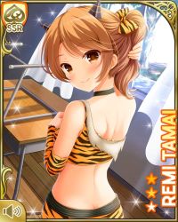 Rule 34 | 1girl, bare legs, bow, bra, brown eyes, brown hair, card (medium), closed mouth, day, fake horns, girlfriend (kari), hair bow, headband, horns, indoors, looking at viewer, looking back, midriff, navel, official art, oni, oni horns, orange bow, orange bra, orange skirt, qp:flapper, skirt, smile, solo, tagme, tamai remi, tiger striped clothes, underwear