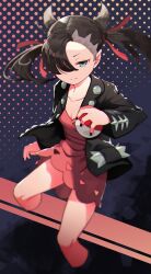 Rule 34 | 1girl, absurdres, asymmetrical bangs, black hair, black jacket, breasts, cleavage, creatures (company), cropped legs, dress, game freak, green eyes, hair over one eye, hair ribbon, highres, holding, holding poke ball, jacket, long sleeves, looking at viewer, marnie (pokemon), nintendo, open clothes, open jacket, poke ball, poke ball (basic), pokemon, pokemon swsh, red dress, red ribbon, ribbon, shimazaki1152, short dress, small breasts, solo, undercut