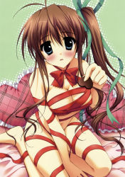 Rule 34 | 1girl, absurdres, akane-iro ni somaru saka, antenna hair, arm support, barefoot, bed, blue eyes, blush, bow, breasts, brown hair, candy, chocolate, chocolate heart, cleavage, fingernails, food, frills, full body, green background, hair ribbon, halftone, heart, heart-shaped pillow, highres, incoming gift, leaning forward, long fingernails, long hair, looking at viewer, nagase minato, naked ribbon, navel, nude, outline, parted lips, pillow, plaid, ponytail, ribbon, ryouka (suzuya), seiza, side ponytail, sidelocks, simple background, sitting, solo, valentine, very long hair