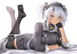 Rule 34 | 1girl, absurdres, black thighhighs, blush, breasts, brown eyes, collar, commentary request, dark-skinned female, dark skin, full body, gloves, grey jacket, grey skirt, grin, hair between eyes, headgear, highres, jacket, kantai collection, large breasts, long hair, looking at viewer, lying, metal collar, musashi (kancolle), musashi kai ni (kancolle), no shoes, on stomach, parted lips, partially fingerless gloves, pleated skirt, short hair with long locks, silver hair, simple background, skirt, smile, solo, thighhighs, twintails, very long hair, white background, yunamaro