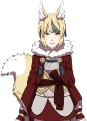Rule 34 | 1girl, animal ears, blonde hair, fire emblem, fire emblem fates, fox ears, fox tail, fur trim, looking at viewer, multicolored hair, nintendo, official art, sash, selkie (fire emblem), simple background, solo, streaked hair, tail, upper body, yellow eyes