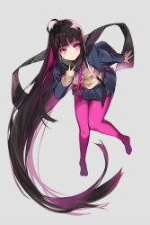 Rule 34 | 1girl, absurdly long hair, ahoge, alternate costume, black hair, black jacket, black scarf, black skirt, brown vest, commentary request, danimaru, fate/grand order, fate (series), floating, grey background, highres, jacket, leaning forward, long hair, long scarf, looking at viewer, open clothes, open jacket, oryou (fate), pantyhose, pleated skirt, purple eyes, purple pantyhose, scarf, school uniform, simple background, skirt, solo, v, very long hair, vest