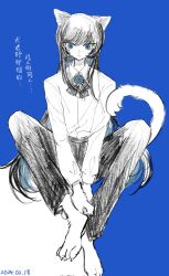 Rule 34 | 1girl, ado (utaite), animal ears, barefoot, black bow, black bowtie, black hair, black pants, blue background, blue eyes, blue flower, blue hair, blue rose, bow, bowtie, chando (ado), chinese text, closed mouth, cloud nine inc, collared shirt, colored inner hair, commentary, dated, dress shirt, flower, flower brooch, full body, furry, furry female, hashtag only commentary, highres, long hair, long sleeves, looking at viewer, mole, mole under eye, multicolored hair, pants, phossscinnn, rose, shirt, sitting, solo, tail, translation request, two-tone background, two-tone hair, utaite, very long hair, white background, white shirt