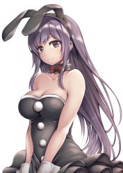 Rule 34 | 1girl, animal ears, bad id, bad pixiv id, bare shoulders, breasts, rabbit ears, rabbit tail, detached collar, fake animal ears, large breasts, long hair, original, playboy bunny, purple eyes, purple hair, ribucci, smile, solo, tail, upper body, white background, wrist cuffs
