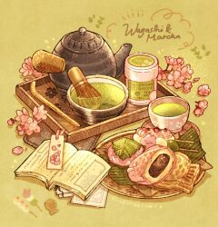 Rule 34 | artist name, book, bookmark, chasen, cherry blossoms, commentary, cup, dango, english commentary, english text, flower, food, food focus, food request, green background, green tea, highres, leaf, matcha (food), mochi, nao (bestrollever), napkin, no humans, open book, original, pestle, petals, pink flower, plate, red bean paste, sakura mochi, sanshoku dango, shadow, star (symbol), still life, taiyaki, tea, teacup, teapot, tray, wagashi