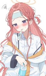Rule 34 | 1girl, blue archive, blush, bottle, bow, braid, halo, highres, holding, holding bottle, jacket, jacket partially removed, long hair, purple eyes, red hair, seijyohu, shirt, simple background, solo, squiggle, suspenders, thermometer, upper body, water bottle, white background, white bow, white jacket, white shirt, yuzu (blue archive)
