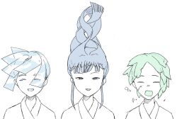 Rule 34 | 3others, ^ ^, androgynous, aqua hair, blue hair, closed eyes, crack, cracked skin, crystal hair, detached hair, euclase (houseki no kuni), eyes visible through hair, facing viewer, flat color, floating hair, green hair, hair over one eye, half-closed eyes, highres, houseki no kuni, lapis lazuli (houseki no kuni), lineup, long hair, looking at viewer, messy hair, mt5 014, multiple others, other focus, partially colored, phosphophyllite, portrait, shards, short hair, side-by-side, sidelocks, simple background, sketch, sleepwear, sleepy, updo, waking up, white background, yawning