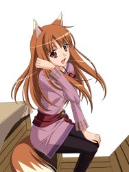 Rule 34 | 00s, 1girl, :d, absurdres, adjusting hair, animal ears, bag, breasts, brown hair, from side, hand on own knee, happy, highres, holo, jewelry, kuroda kazuya, long hair, long sleeves, looking at viewer, looking back, necklace, official art, open mouth, pants, red eyes, sash, sitting, small breasts, smile, solo, spice and wolf, tail, transparent background, tunic, vector trace, wagon, wolf ears, wolf tail