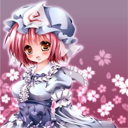 Rule 34 | 1girl, bad id, bad pixiv id, breasts, cherry blossoms, female focus, hat, japanese clothes, lowres, medium breasts, obi, open mouth, petals, pikachocolat, pink eyes, pink hair, saigyouji yuyuko, sash, short hair, smile, solo, touhou, triangular headpiece