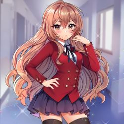 Rule 34 | 1girl, aisaka taiga, black skirt, black thighhighs, blazer, brown eyes, brown hair, buttoned cuffs, buttons, closed mouth, cowboy shot, double-breasted, frown, hallway, hand on own hip, hand up, highres, jacket, jirafuru, long hair, looking at viewer, miniskirt, neck ribbon, pleated skirt, red jacket, ribbon, school uniform, skirt, solo, thighhighs, toradora!, v-shaped eyebrows, zettai ryouiki
