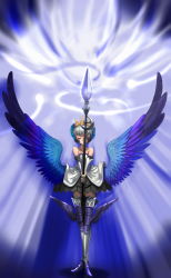 Rule 34 | 1girl, absurdres, armor, armored dress, blue background, dress, gwendolyn (odin sphere), head wings, highres, leg wings, low wings, multicolored wings, odin sphere, pteruges, scan, solo, strapless, strapless dress, wings