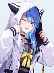 Rule 34 | 1girl, ;d, absurdres, akabino, animal hood, belt, black choker, blue eyes, blue hair, choker, hands up, highres, hololive, hood, hood up, hoshimachi suisei, hoshimachi suisei (school uniform), jacket, looking at viewer, neckerchief, official alternate costume, one eye closed, open mouth, sailor collar, smile, solo, teeth, tongue, tongue out, upper body, upper teeth only, virtual youtuber, white jacket, yellow neckerchief