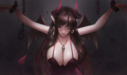 Rule 34 | 1girl, arms up, bad id, bad pixiv id, blush, bound, bound wrists, breasts, brown hair, chain, chained, cleavage, closed eyes, commentary, crack, cracked wall, cuffs, dark background, demon girl, demon horns, demon tail, demon wings, dress, earrings, english commentary, facing viewer, horns, huge breasts, jewelry, large breasts, leaning forward, lips, long hair, necklace, nuker (nukerdraws), original, pointy ears, purple dress, red dress, restrained, shackles, skull necklace, sleeveless, sleeveless dress, solo, tail, very long hair, wings