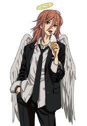 Rule 34 | 1boy, angel devil (chainsaw man), black jacket, black necktie, black pants, black suit, blazer, brown hair, buttoned cuffs, chainsaw man, collared shirt, cowboy shot, feathered wings, food, formal, hair between eyes, halo, hand in pocket, holding, holding food, holding ice cream, ice cream, jacket, legs apart, long hair, long sleeves, looking at viewer, necktie, open clothes, open jacket, open mouth, pants, red eyes, shiren (ourboy83), shirt, sidelocks, simple background, solo, straight hair, suit, tongue, tongue out, white background, white shirt, white wings, wings
