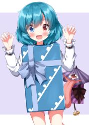 Rule 34 | 1girl, :d, bare legs, blue eyes, blue hair, blush, box, claw pose, commentary request, cowboy shot, gift, gift box, grey background, heterochromia, highres, medium hair, open mouth, red eyes, ruu (tksymkw), simple background, smile, solo, tatara kogasa, touhou, two-tone background, umbrella, white background, white sleeves