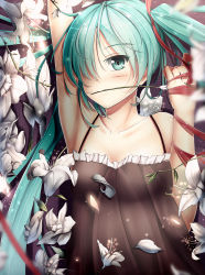 Rule 34 | 1girl, 7lark, arm up, armpits, flower, flower in mouth, green eyes, green hair, hair over one eye, hatsune miku, highres, lily (flower), long hair, matching hair/eyes, mouth hold, solo, twintails, vocaloid