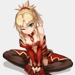 Rule 34 | 1girl, bare shoulders, black thighhighs, blonde hair, breasts, cleavage, commentary request, detached sleeves, fate/apocrypha, fate (series), feet together, green eyes, grin, highres, knees apart feet together, looking at viewer, midriff, mordred (fate), mordred (fate/apocrypha), navel, one eye closed, pelvic curtain, ponytail, scrunchie, simple background, sitting, small breasts, smile, solo, sue sgr u, thighhighs, v arms