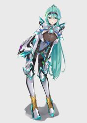 Rule 34 | 1girl, :o, breasts, chest jewel, earrings, full body, gloves, green eyes, green hair, grey background, hands on own legs, highres, jewelry, large breasts, leaning forward, long hair, looking at viewer, pneuma (xenoblade), ponytail, sarasadou dan, simple background, solo, spoilers, standing, swept bangs, tiara, very long hair, xenoblade chronicles (series), xenoblade chronicles 2