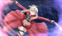 Rule 34 | 1girl, archer (fate), archer (fate) (cosplay), blonde hair, cosplay, dual wielding, fate/kaleid liner prisma illya, fate (series), female focus, hair ornament, hair stick, hair up, highres, holding, illyasviel von einzbern, jacket, kazenokaze, lightning, long hair, long sleeves, magical girl, midriff, navel, open clothes, open jacket, solo, sword, weapon, yellow eyes