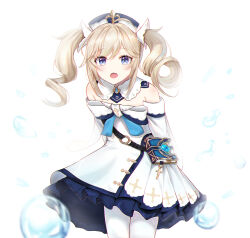 Rule 34 | 1girl, :o, arms behind back, barbara (genshin impact), blonde hair, blue eyes, blue headwear, book, bow, bowtie, bubble, cross, detached sleeves, dress, drill hair, flat chest, genshin impact, highres, latin cross, layered dress, leaning forward, looking at viewer, medium hair, open mouth, pantyhose, simple background, solo, twin drills, vision (genshin impact), white background, white bow, white bowtie, white dress, white pantyhose, zapik