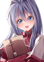 Rule 34 | 1girl, :d, absurdres, blue eyes, blue hair, crossed arms, highres, holding luggage, kanon, long hair, long sleeves, looking at viewer, mahoro (minase mahoro), minase nayuki, open mouth, simple background, smile, solo, upper body, white background