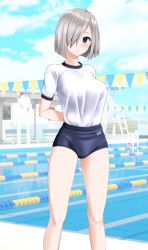 Rule 34 | 1girl, absurdres, alternate costume, arms behind back, blue buruma, blue eyes, blue sky, breasts, buruma, cloud, commentary request, day, feet out of frame, grey hair, gym shirt, gym uniform, hair ornament, hair over one eye, hairclip, hamakaze (kancolle), highres, kantai collection, lane line, large breasts, looking at viewer, outdoors, parted lips, pool, shirt, short hair, sky, solo, string of flags, t-shirt, takafumi, white shirt