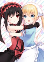 Rule 34 | 2girls, :d, apron, armpits, bare shoulders, black hair, blend s, blonde hair, blue dress, blue eyes, blush, breast press, breasts, choker, commentary request, cowboy shot, crossover, date a live, diagonal stripes, dress, elbow gloves, gloves, hair between eyes, hairband, head scarf, hinata kaho, hug, lolita fashion, lolita hairband, long hair, maid, medium breasts, multiple girls, one eye closed, open mouth, puffy short sleeves, puffy sleeves, red eyes, ribbon-trimmed dress, shiratoriko, short sleeves, smile, star (symbol), starry background, striped, striped background, teeth, tokisaki kurumi, twintails, upper teeth only, waist apron, white apron