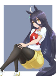 Rule 34 | 1girl, ahoge, animal ears, black hair, black pantyhose, blue background, commentary, earrings, hair between eyes, hand on own knee, highres, horse ears, horse girl, horse tail, invisible chair, jewelry, kemuri (etep3372), long bangs, long hair, looking at viewer, manhattan cafe (umamusume), open mouth, pantyhose, pantyhose under shorts, race bib, shirt, shoes, short sleeves, shorts, single earring, sitting, smile, sneakers, solo, straight hair, t-shirt, tail, umamusume, white hair, white shirt, yellow eyes, yellow footwear, yellow shorts
