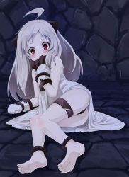 Rule 34 | 10s, 1girl, abyssal ship, ahoge, ass, barefoot, black panties, blush, gloves, horns, kantai collection, long hair, looking at viewer, mittens, noa (nagareboshi), northern ocean princess, open mouth, pale skin, panties, red eyes, solo, underwear, white hair, white mittens
