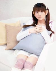 Rule 34 | 1girl, brown hair, commentary request, couch, pillow, pocho (syuei), real life, realistic, solo, tamura yukari, twintails, voice actor