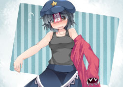 Rule 34 | 1girl, bare shoulders, black hair, blush, breasts, brown eyes, commentary request, hammer (sunset beach), hat, looking at viewer, md5 mismatch, medium breasts, miyako yoshika, off shoulder, ofuda, open mouth, short hair, skirt, solo, star (symbol), tank top, touhou