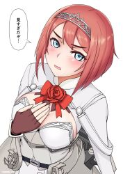 Rule 34 | 1girl, alternate breast size, ark royal (kancolle), blue eyes, blush, brown gloves, corset, cropped jacket, cypress, flower, gloves, hairband, jacket, kantai collection, long sleeves, open mouth, red flower, red hair, red ribbon, red rose, ribbon, rose, short hair, simple background, solo, speech bubble, tiara, translation request, twitter username, white background, white jacket