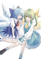 Rule 34 | 2girls, ascot, black footwear, blue bow, blue dress, blue hair, bobby socks, bow, cirno, closed eyes, closed mouth, daiyousei, dress, fairy wings, green hair, hair bow, highres, long sleeves, looking at another, multiple girls, red ascot, sabatuki, shirt, short sleeves, side ponytail, simple background, sitting, smile, socks, touhou, white background, white shirt, white socks, wings, yellow ascot, yellow eyes