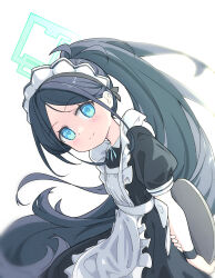 Rule 34 | 1girl, absurdres, apron, aris (blue archive), aris (maid) (blue archive), arms behind back, black dress, black wristband, blue archive, blue eyes, closed mouth, commentary, dress, english commentary, frilled apron, frills, halo, highres, light blush, long hair, looking at viewer, maid headdress, parted bangs, ponytail, puffy short sleeves, puffy sleeves, short sleeves, simple background, smile, solo, tray, upper body, very long hair, white apron, white background, yiyi02