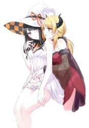 Rule 34 | 2girls, ahoge, babydoll, bad id, bad twitter id, bare shoulders, black hair, black horns, blonde hair, blue eyes, blush, bow, breasts, cape, checkered clothes, checkered headwear, cleavage, closed mouth, curled horns, demon horns, detached sleeves, dress, frilled panties, frills, fur trim, hachimiya meguru, halloween costume, hat, hat bow, highres, horns, hug, hug from behind, idolmaster, idolmaster shiny colors, kazano hiori, lingerie, long hair, looking at another, low twintails, mole, mole under mouth, multiple girls, nail polish, navel, open mouth, panties, red dress, romi (346 ura), see-through, see-through sleeves, sweat, swept bangs, twintails, underwear, white babydoll, white headwear, white panties, wide sleeves, witch hat, yuri