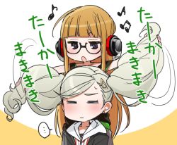 Rule 34 | 10s, 2girls, = =, blonde hair, blunt bangs, blush, brown hair, closed eyes, earrings, glasses, grey hair, hair ornament, hairclip, headphones, hizuki akira, jewelry, long hair, multiple girls, open mouth, persona, persona 5, playing with another&#039;s hair, sakura futaba, takamaki anne, translation request, twintails