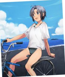 Rule 34 | 10s, 1girl, ahoge, antenna hair, artist request, bicycle, bicycle basket, black eyes, black hair, cloud, day, dutch angle, idolmaster, idolmaster (classic), idolmaster 2, kikuchi makoto, loose clothes, loose shirt, ocean, one-piece swimsuit, open mouth, outdoors, shirt, short hair, sky, smile, solo, swimsuit, swimsuit under clothes, t-shirt, tan, tanline, water