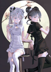 Rule 34 | 2girls, black legwear, black skirt, braid, branch, bun cover, chair, chinese clothes, closed mouth, cup, double bun, fkey, grey eyes, grey hair, hair bun, highres, holding, holding cup, looking at viewer, miniskirt, multiple girls, original, shoes, shrug (clothing), skirt, smile, standing, standing on one leg, stool, teacup, thighhighs, twintails, white legwear