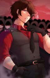 Rule 34 | 1boy, absurdres, artist name, black gloves, black necktie, black vest, brown hair, collared shirt, copyright request, cowboy shot, crowd, dress shirt, earrings, gloves, hand up, highres, jewelry, muscular, muscular male, necktie, necktie grab, neckwear grab, original, panqlao, red shirt, scar, shirt, shirt tucked in, short hair, solo focus, vest