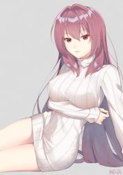 Rule 34 | 1girl, arm support, artist name, breast hold, breasts, covered erect nipples, cowboy shot, eyebrows, fate/grand order, fate (series), grey background, hair between eyes, hair intakes, large breasts, leaning to the side, light purple hair, long hair, long sleeves, looking at viewer, naked sweater, parted lips, pink lips, red eyes, ribbed sweater, scathach (fate), signature, simple background, sitting, solo, sweater, turtleneck, twitter username, very long hair, white sweater, you06