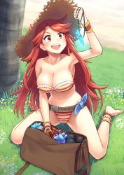 Rule 34 | &gt;:d, 10s, 1girl, :d, anklet, bag, bangle, bare legs, bare shoulders, barefoot, beach, belt, bikini, blush, bracelet, breasts, buckle, cameltoe, cleavage, collarbone, crystal, day, female focus, flower, full body, glowing, granblue fantasy, grass, handbag, hat, hat flower, holding, jewelry, kneeling, large breasts, long hair, mary (granblue fantasy), navel, on ground, open mouth, orange eyes, outdoors, oyaji-sou, palm tree, parted bangs, red hair, sitting, smile, solo, spread legs, strapless, strapless bikini, straw hat, striped bikini, striped clothes, swimsuit, tree, v-shaped eyebrows, wariza, wristband