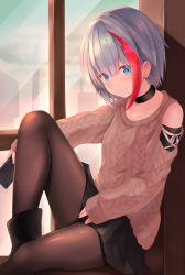 Rule 34 | 1girl, admiral graf spee (azur lane), admiral graf spee (peaceful daily life) (azur lane), ankle boots, azur lane, bare shoulders, black choker, black footwear, black pantyhose, black skirt, blue eyes, blush, boots, brown sweater, casual, choker, closed mouth, clothing cutout, collarbone, commentary request, holding, indoors, knee up, kurai masaru, looking at viewer, multicolored hair, pantyhose, red hair, ribbed sweater, short hair, shoulder cutout, silver hair, skirt, sleeves past wrists, smile, solo, streaked hair, sweater, window