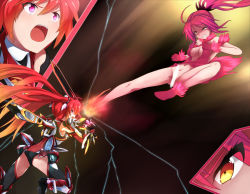 Rule 34 | 2girls, ass, censored, cleavage cutout, clothing cutout, cut-in, fighting, gender request, genderswap, iwabane yuno, kicking, leotard, mitsuka souji, multiple girls, open mouth, ore twintail ni narimasu, osatanosatan, personification, phoenix guildy, pink eyes, pink hair, ponytail, sword, tailred, thighhighs, weapon