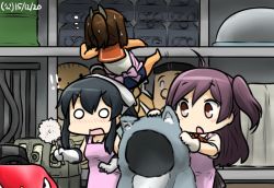 Rule 34 | !, !!, 10s, 3girls, :o, ahoge, anago, animal costume, apron, barrel, black hair, blush, brown hair, cleaning, commentary request, dated, drum (container), duster, gloves, hagikaze (kancolle), hamu koutarou, holding, i-401 (kancolle), instrument, kantai collection, long hair, machinery, multiple girls, neck ribbon, nose blush, one side up, ponytail, red ribbon, ribbon, sazae-san, school swimsuit, school uniform, serafuku, side ponytail, sweat, swimsuit, swimsuit under clothes, tsuchinoko, turret, wavy mouth, white gloves, wolf costume, yahagi (kancolle)